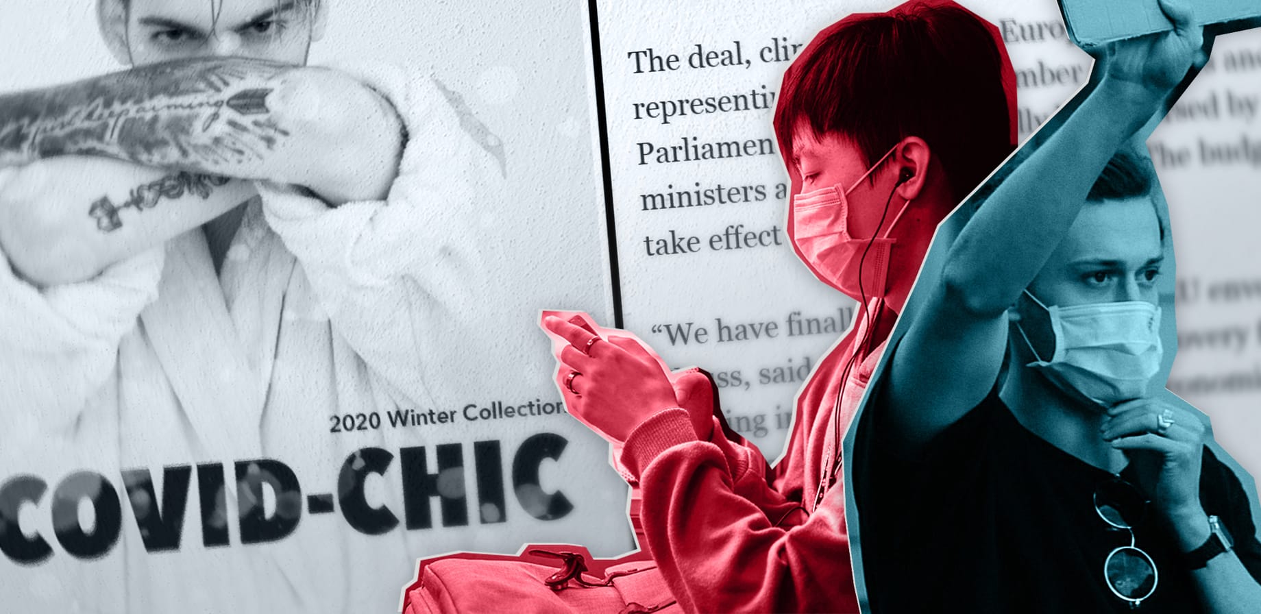 Guys wearing masks in front an ad for a bathrobe